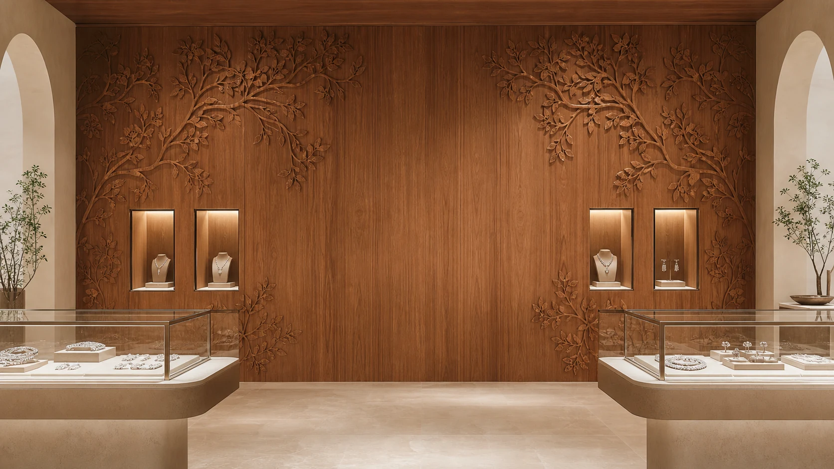 PARVIC boutique with carved walnut walls and jewellery vitrines